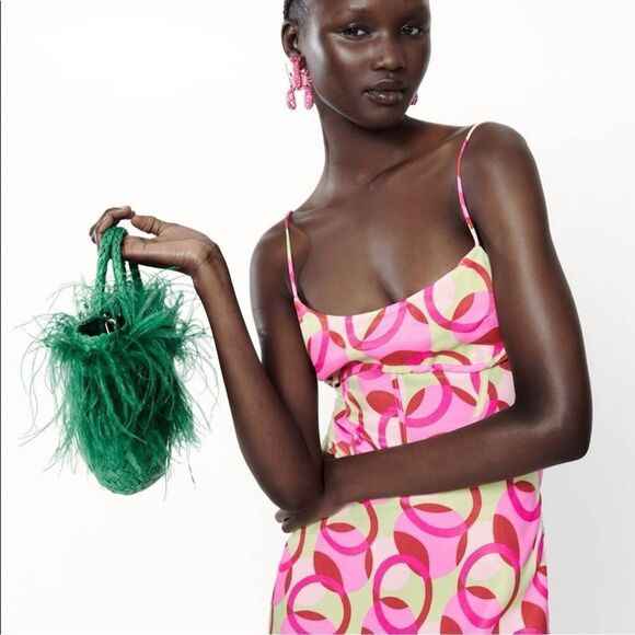 Zara Pink Green Printed Satin Effect Mini Dress Size XS NWT - Picture 2 of 11